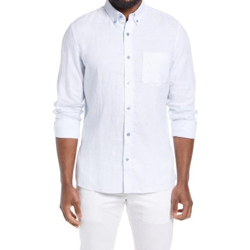 Nordstrom TRIM FIT SOLID LINEN BUTTON-DOWN SHIRT IN BLUE SKYWAY EOE P5215